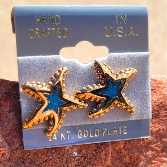 NEW! 14 Kt. Starfish Blue Inset Gold Plated - Picture 2 of 3